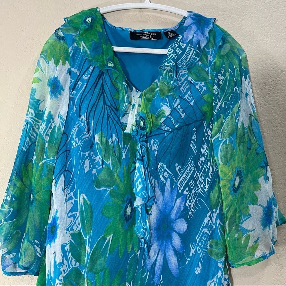 NEW YORK CITY DESIGN CO VTG SZ XL 100% SILk TOP PULLOVER MULTI BLUE RUFFLE BOHO - Picture 5 of 9